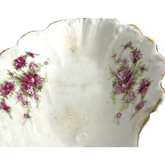 Antique Bone Trinket Dish Goodwin Semi Porcelain Floral Scalloped Gold Trim READ - Picture 8 of 15
